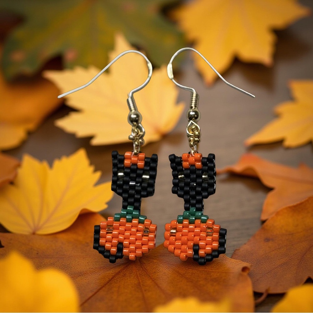Hand crafted Mini Black Cat and Pumpkin Halloween Earrings: Gold-Plated Hooks